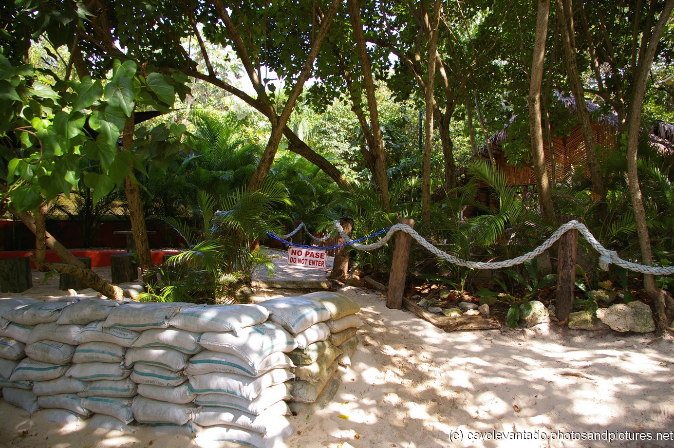 Sandbags and Do Not Enter sign at Cayo Levantado.jpg