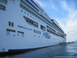 View of cruise ship Norwegian Dawn from tender boat leaving for Cayo Levantado.jpg